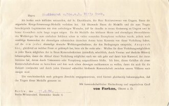 Anschreiben zur Verleihungsurkunde für die ungarische Kriegserinnerungsmedaille an einen Studienrat und Leutnant ausser Dienst , dazu ein weiteres Schreiben