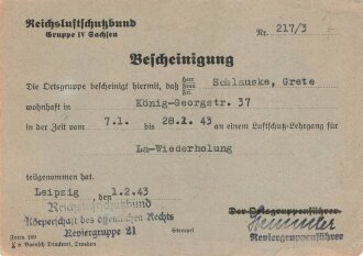 Reichsluftschutzbund Gruppe IV Sachsen "Bescheinigung über Teilnahme einer Frau aus Lübeck", datiert 1943