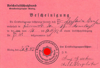 Reichsluftschutzbund Ortskreisgruppe Mainz "Bescheinigung über Teilnahme", datiert 1942