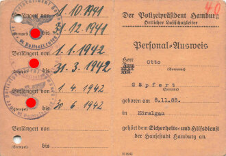 Der Polizeipräsident Hamburg, Örtlicher Luftschutzleiter "Personal Ausweis", datiert 1941, gelocht