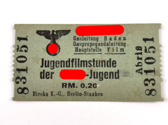 NSDAP Gauleitung Baden "Jugendfilmstunde der Hilter-Jugend" Eintrittskarte