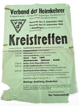 Deutschland nach 1945, Verband der Heimkehrer Plakat "Kreistreffen in Mögglingen 11. und 12. September 1954", mehrmals geknickt, DIN A1, stark gebraucht