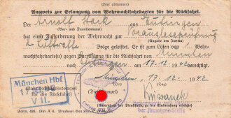 "Ausweis zur Erlangen von Wehrmachtsfahrkarten für die Rückfahrt." von München nach Tübingen, datiert 1942