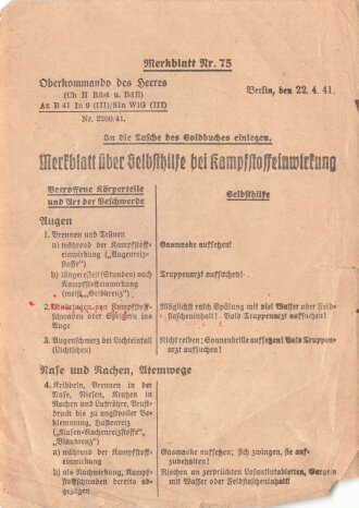 Merkblatt Nr. 75 "Merkblatt über selbsthilfe bei Kampfstoffeinwirkung, datiert 1941 für das Soldbuch zum einlegen