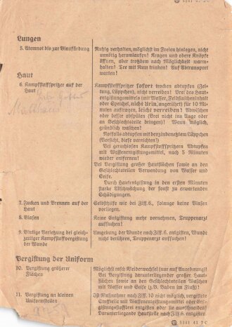 Merkblatt Nr. 75 "Merkblatt über selbsthilfe bei Kampfstoffeinwirkung, datiert 1941 für das Soldbuch zum einlegen