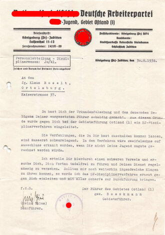 NSDAP, Hitler-Jugend, Gebiet Ostland (1), Schreiben bezüglich eines HJ-Disziplinarverfahren, datiert 1938