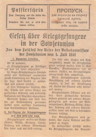 Russland 2. Weltkrieg, Passierschein / Handzettel"Gesetz über Kriegsgefangene in der Sowjetunion", gefaltet, gebraucht