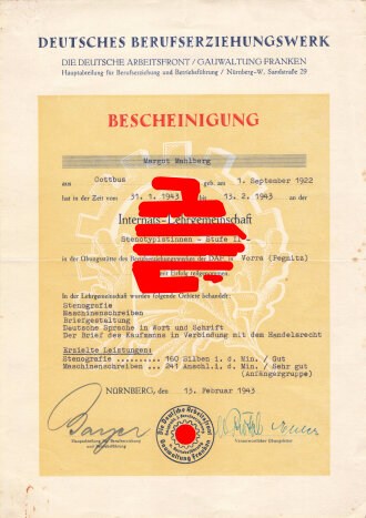 Die Deutsche Arbeitsfront, Gau Franken, Deutsches Berufserziehungswerk, "Bescheinigung für eine Stenotypistin Stufe II Lehrgang", datiert 1943