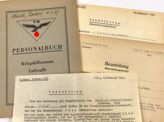 "Personalbuch Kriegshilfseinsatz Luftwaffe" eines Luftwaffen Helfers aus Nürnberg der 1943 Eintritt in die Flakabteilung 633 mit Beurteilungen und Verhandlungen