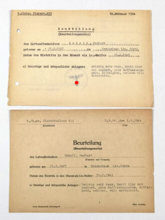 "Personalbuch Kriegshilfseinsatz Luftwaffe" eines Luftwaffen Helfers aus Nürnberg der 1943 Eintritt in die Flakabteilung 633 mit Beurteilungen und Verhandlungen