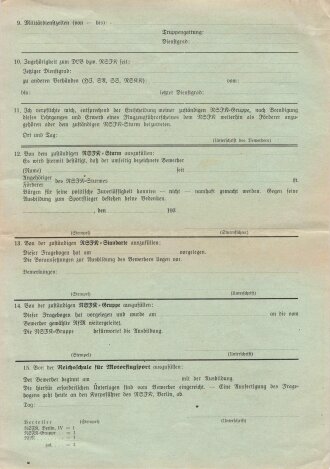Nationalsozialistisches Fliegerkorps der Korpsführer "Fragebogen für Bewerber - Ausbildung zum Sportflieger, DIN A4, blanko