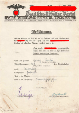 Nationalsozialistische Deutsche Arbeiter Partei, Gauleitung: Süd-Hannover - Braunschweig "Bestätigung einer Vereidigung durch Rudolf Hess am 24. Februar 1935 eines Kammeradschaftsführers "