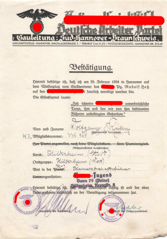 Nationalsozialistische Deutsche Arbeiter Partei, Gauleitung: Süd-Hannover-Braunschweig "Bestätigung einer Vereidigung durch Rudolf Hess am 25. Februar 1934 eines Kammeradschaftsführers der HJ"
