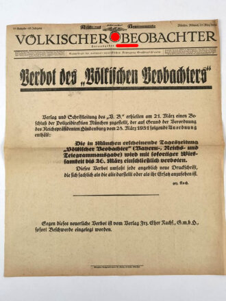 Völkischer Beobachter, Reichs- und Bayernausgabe, 83. Ausgabe, 23. März Februar 1932 "Verbot des Völkischen Beobachters ", geknickt