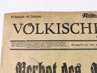 Völkischer Beobachter, Reichs- und Bayernausgabe, 83. Ausgabe, 23. März Februar 1932 "Verbot des Völkischen Beobachters ", geknickt