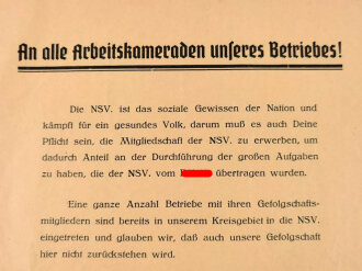 NS Volkswohlfahrt Aushang  "An alle Arbeitskameraden...