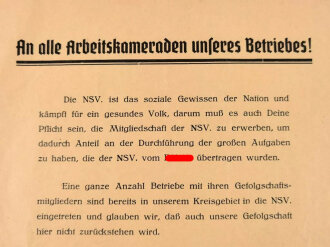 NS Volkswohlfahrt Aushang  "An alle Arbeitskameraden unseres Betriebes!" , DIN A3