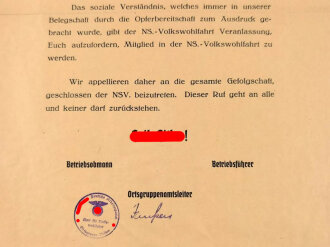 NS Volkswohlfahrt Aushang  "An alle Arbeitskameraden unseres Betriebes!" , DIN A3