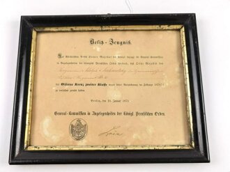 Besitz Zeugnis für das Eiserne Kreuz 2.Klasse 1870, Verliehen an einen Angehörigen im Füsilier Regiment No. 73 im Januar 1873. Original gerahmt