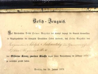 Besitz Zeugnis für das Eiserne Kreuz 2.Klasse 1870,...
