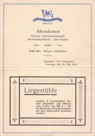 Urlaubsfahrten zur See 1935 der NS. Gemeinschaft Kraft durch Freude, "Abendessen vom 19. Mai 1935" Dampfer Der Deutsche