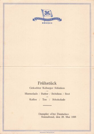 Urlaubsfahrten zur See 1935 der NS. Gemeinschaft Kraft durch Freude, "Frühstückskarte vom 25. Mai 1935" Dampfer Der Deutsche