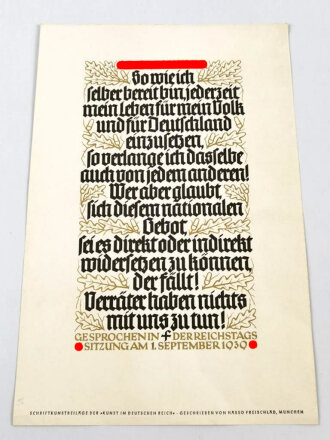 Kunstschriftbeilage der "Kunst im Deutschen Reich" - Adolf Hitler gesprochen in der Reichstagssitzung am 1. September 1939