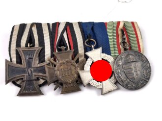 1. Weltkrieg, 4er Ordensspange, Eisernes Kreuz 2. Klasse 1914, Ehrenkreuz für Frontkämpfer, Treudienst- Ehrenzeichen in Silber, Kriegserinnerungsmedaille Ungarn