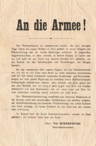 1.Weltkrieg Flugblatt "An die Armee!" Generalfeldmarschall von Hindenburg anlässlich des Waffenstillstand 1918