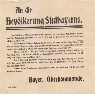 Bayer. Oberkommando 1919, Flugblatt "An die Bevölkerung Südbayerns"1002. 30 000