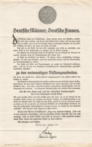 1.Weltkrieg Flugblatt , Spendenaufruf "Deutsche Männer, Deutsche Frauen" 1 Februar 1917, geknickt