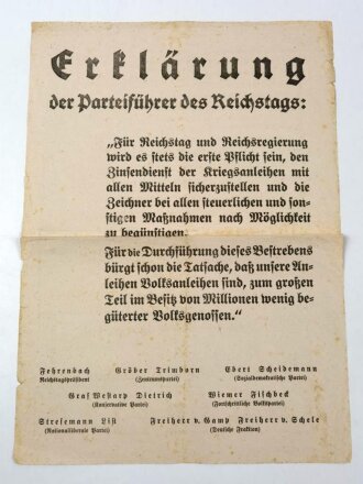 1.Weltkrieg Flugblatt / Aushang "Erklärung der Parteiführer des Reichstages zum Thema Kriegsanleihen " 1 Februar 1917, geknickt, DIN A3.