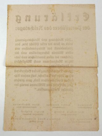 1.Weltkrieg Flugblatt / Aushang "Erklärung der Parteiführer des Reichstages zum Thema Kriegsanleihen " 1 Februar 1917, geknickt, DIN A3.