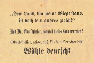 Volksabstimmung Oberschlesien 1921, Flugblatt "Wähle deutsch! " stark gebraucht, über DIN A5