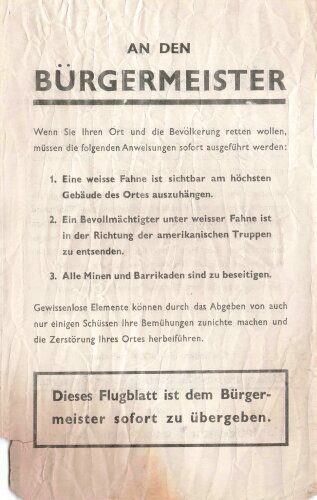 U.S. amerikanisches Flugblatt "An den Bürgermeister" stark gebraucht, PWB-56