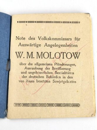 Russisches Propagandabüchlein "Note des Volkskommissars für Auswärtige Angelegenheiten W. M. Molotow...", datiert 1942, kleines Büchlein, 48 Seiten