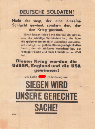 Russland 2.Weltkrieg , Flugblatt "Siegen wird unsere gerechte Sache!", Nr. 1704, DIN A5