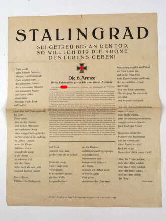 Aushang / Flugblatt "Stalingrad - Sei getreu bis an den Tod, so will ich dir die Krone des Lebens geben!", über DIN A4, datiert 1943, geknickt