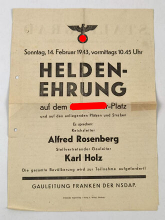 Aushang / Flugblatt "Stalingrad - Sie starben, damit Deutschland lebe!!", über DIN A4, gelocht und geknickt, anlässlich der Heldenehrung in Nürnberg