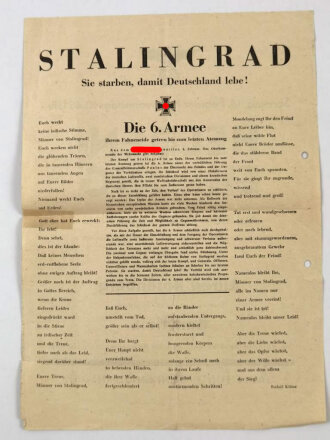 Aushang / Flugblatt "Stalingrad - Sie starben, damit Deutschland lebe!!", über DIN A4, gelocht und geknickt, anlässlich der Heldenehrung in Nürnberg