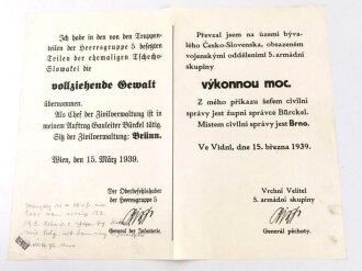 Aushang anlässlich der Übernahme der vollziehenden Gewalt der Tschechoslowakei 1939", über DIN A3,  geknickt, deutsch/tschechisch