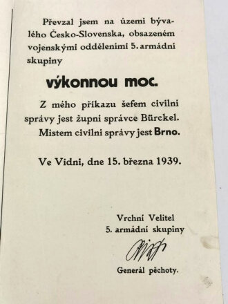 Aushang anlässlich der Übernahme der vollziehenden Gewalt der Tschechoslowakei 1939", über DIN A3,  geknickt, deutsch/tschechisch