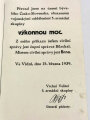 Aushang anlässlich der Übernahme der vollziehenden Gewalt der Tschechoslowakei 1939", über DIN A3,  geknickt, deutsch/tschechisch