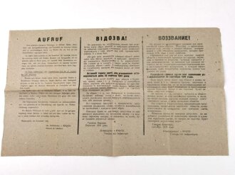 Aushang "Aufruf zu restloser Waffen- Munitions- und Sprengstoffablieferung", über DIN A3, datiert 1941, geknickt, deutsch/ukrainisch/russisch