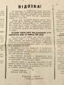 Aushang "Aufruf zu restloser Waffen- Munitions- und Sprengstoffablieferung", über DIN A3, datiert 1941, geknickt, deutsch/ukrainisch/russisch