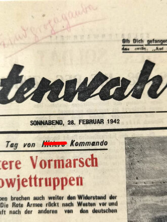 Russland 2.Weltkrieg, Flugblatt "Soldatenwahrheit", Nr. 33, 28. Februar 1942, DIN A3, geknickt