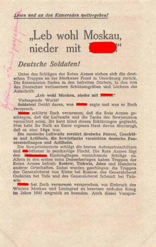 Russland 2.Weltkrieg, Flugblatt "Leb wohl Moskau, nieder mit Hitler! / Passierschein", Nr. 1 693, ca. DIN A5, russisch