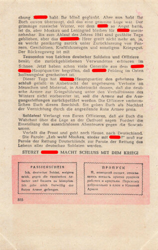 Russland 2.Weltkrieg, Flugblatt "Leb wohl Moskau, nieder mit Hitler! / Passierschein", Nr. 1 693, ca. DIN A5, russisch