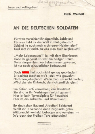 " feindpropaganda" Flugblatt "An die Deutschen Soldaten!", unter DIN A5