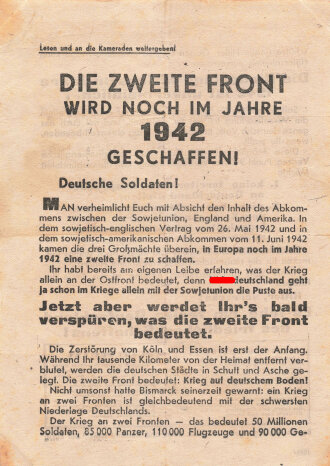 Russland 2.Weltkrieg , Flugblatt "Die zweite Front wird noch im Jahr 1942 geschaffen! / Passierschein", DIN A5, russisch